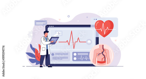Healthcare professional using a tablet to monitor heart rate and internal body systems on a large digital medical monitor.