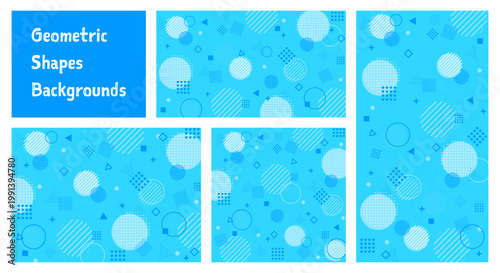 ポップな幾何学図形の背景セット。かわいいキュートなブルーのドット・ストライプパターン