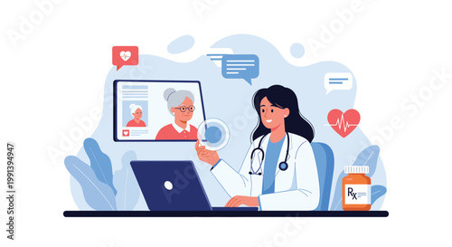 Female doctor consulting an elderly patient via video call on laptop representing modern telemedicine and remote healthcare.