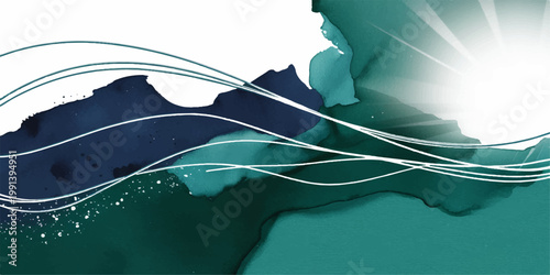 Abstract summer landscape illustration of a girl in a cap against a blue ocean wave background with a sun and clouds in a vector design