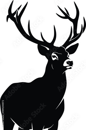 Deer Buck Silhouette with Large Antlers on White Background