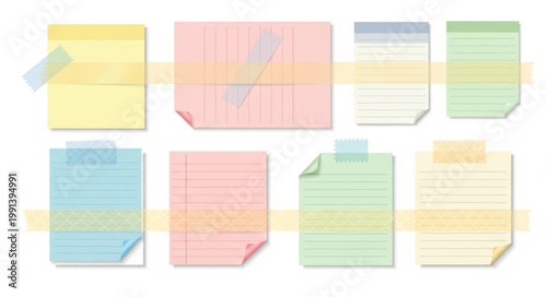 Collection of colorful sticky notes with lines and tape.