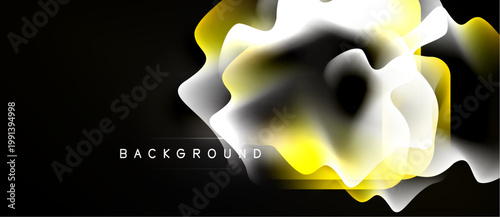 Abstract fluid shapes, yellow, white, gray over black background. Modern design element, dynamic composition.