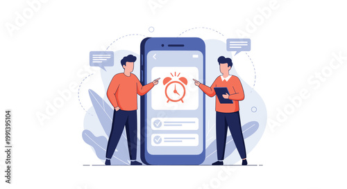 Two professional men interacting with large smartphone screen displaying alarm clock for time management and schedule planning.