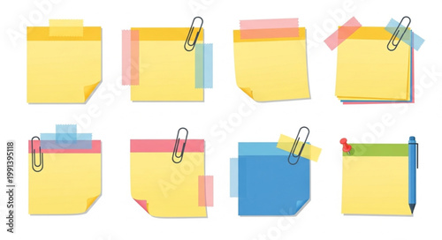 Collection of colorful sticky notes with paper clips and tape.