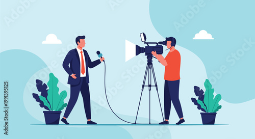 News reporter in suit holding microphone while cameraman records broadcast in professional television studio environment.