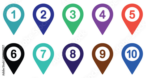 Numbered map pin icon set, vector collection of vibrant location markers labeled 1–10, modern design for GPS systems, route planning, and infographic mapping visuals.