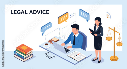 Professional lawyer providing legal advice to male client in office setting with books and scales of justice symbols.