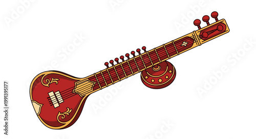Traditional Indian Sitar String Instrument Illustration.