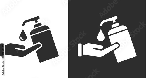 Hand wash icon set, black and white glyph style vector design showing washing hands under water, suitable for hygiene, medical, and public safety graphics.