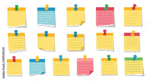 Collection of colorful sticky notes with pins.