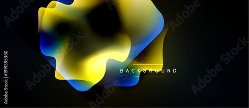 Abstract fluid shapes, vibrant yellow, blue hues dominate dark background. Modern design element, dynamic composition.