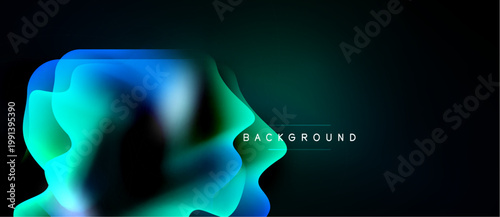 Abstract fluid shapes, vibrant blues, greens dominate dark background. Modern design element, gradient effect creates depth.