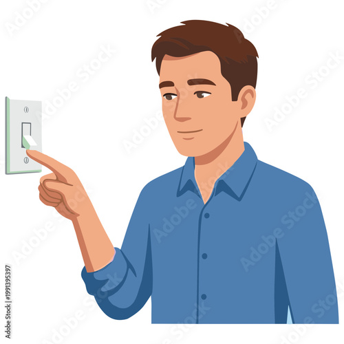 Man pointing at a light switch on the wall with his finger.