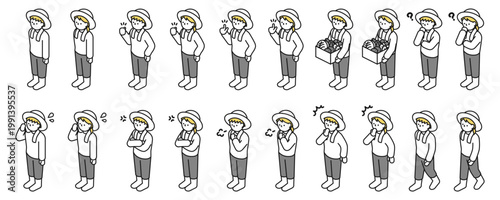 アイソメトリックイラスト：色々なポーズの農家男女