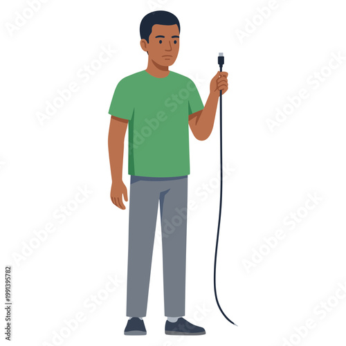 Man holds microphone in hand while standing