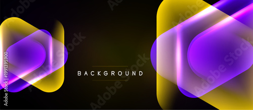 Abstract neon shapes overlap, creating vibrant glow. Dark background emphasizes bright yellow, purple hues. Modern design element.