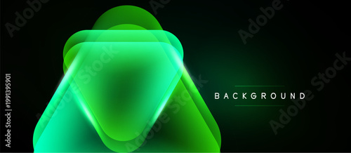 Abstract neon shapes overlap dark background. Vibrant green glows create modern visual effect. Simple design, futuristic aesthetic.