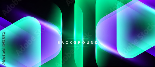 Abstract neon shapes overlap, creating vibrant gradients. Dark background emphasizes glowing colors, modern design element.