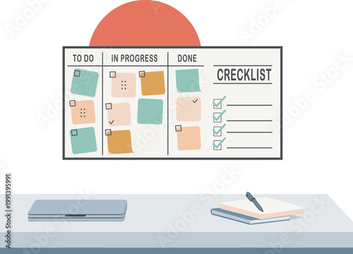 A cluttered office desk with a checklist on the wall and a laptop and notebook on the table