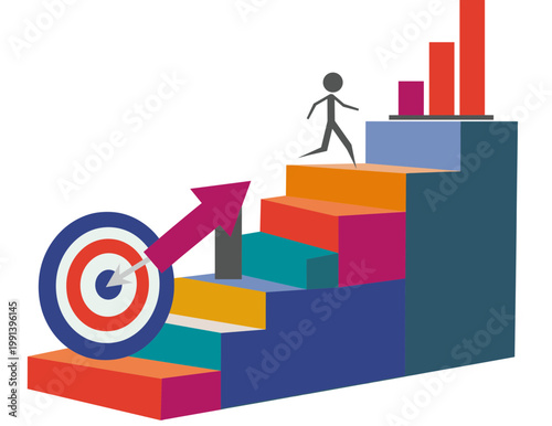 A person walks up colorful steps towards a target with an arrow.