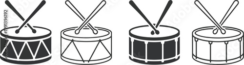 Snare drum and drumsticks icon. musical instrument vector symbol. percussion linear signs. music lesson illustration collection
