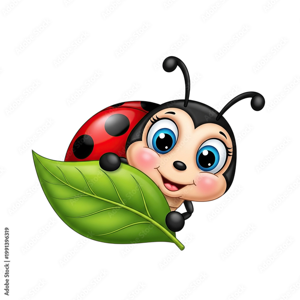 Naklejka premium Cute Ladybug Cartoon Character on Green Leaf Isolated on Transparent Background