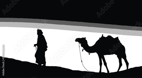 Man Walking with Camel in Desert Silhouette