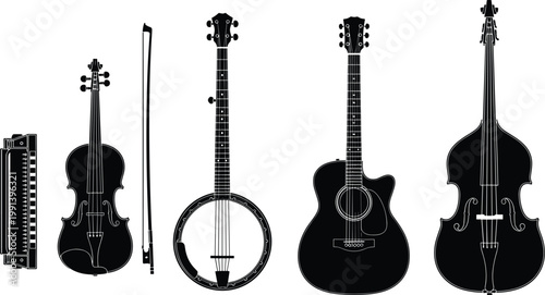 Acoustic Musical Instrument Silhouette Set Featuring Violin, Banjo, Guitar, Double Bass, and Harmonica for Folk, Bluegrass, Country Music, and Orchestra Audio Graphic Designs