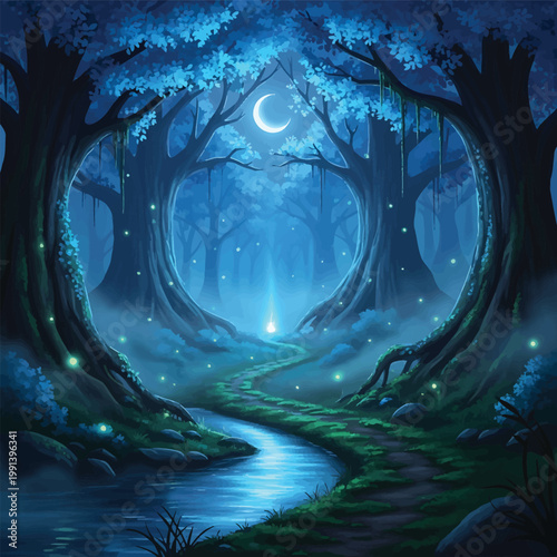 Moonlit Blue Forest with Winding Stream and Glowing Fireflies