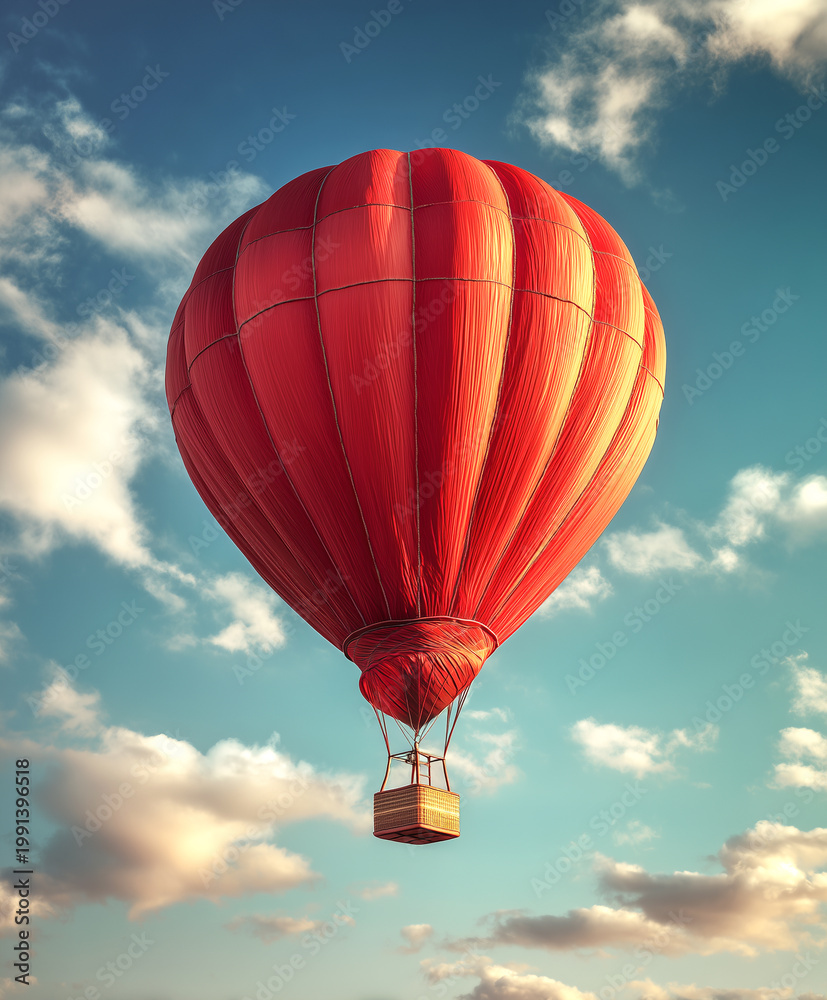 Naklejka premium Red hot air balloon flying high in the blue sky with soft white clouds. Beautiful scenic view of a majestic flight, perfect for travel, adventure, and freedom concept designs
