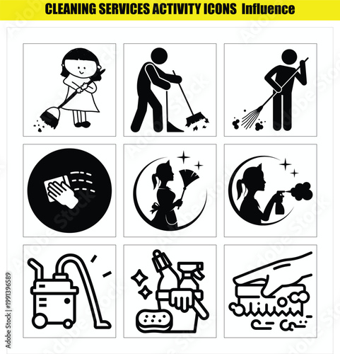 Cleaning services activity icons for household chores and maintenance work