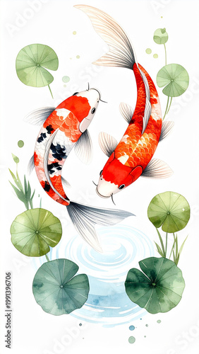 Elegant watercolor painting of two koi fish, symbolizing harmony, amidst green lily pads and subtle water ripples, with a vibrant and calm aesthetic.