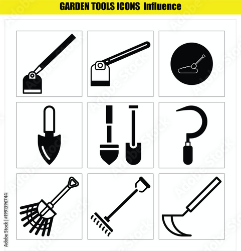 Collection of various garden tools icons in black and white  gardening equipment symbols