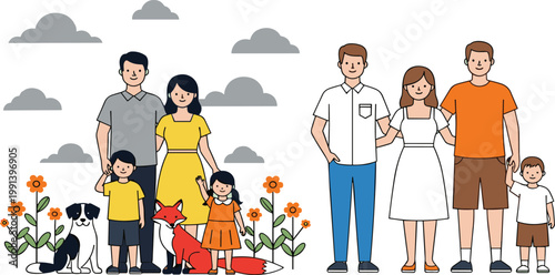Happy family characters vector illustration with parents children pets and outdoor garden scene in simple flat cartoon style