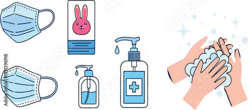 Hygiene essentials with face masks, sanitizer and handwashing illustration set