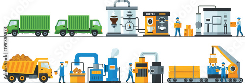 Industrial production lines set with milk processing coffee manufacturing and construction workflow factory machines workers and transport illustration collection