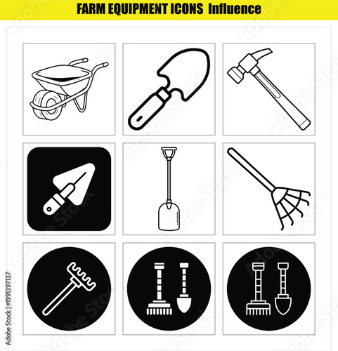 Farm equipment icons with wheelbarrow shovel hammer and other gardening tools