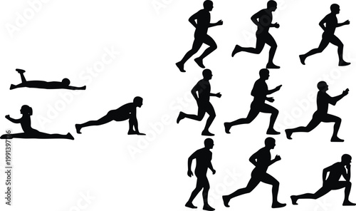 Fitness and running silhouettes with workout exercises and athlete poses illustration set