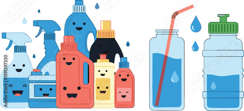 Cleaning supplies and water bottles with cute cartoon faces illustration set