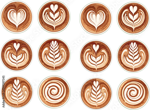 Coffee latte art set with cappuccino designs and hot dog fast food illustration collection