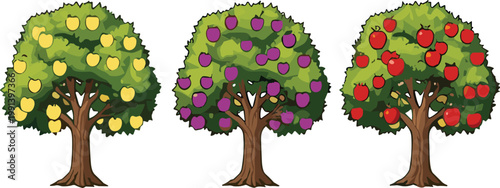Collection of different fruit trees with apples oranges and mixed fruits, detailed cartoon vector illustration set isolated on white for agriculture and nature design