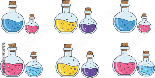 Colorful potion bottles with magic liquids fantasy illustration set
