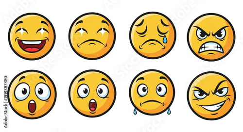 Collection of Diverse Emoji Faces Expressing Various Emotions.