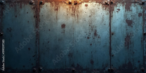 A weathered vintage iron surface defines this old rusty metal door, featuring a grunge texture of peeling paint and brown rust on a rough, aged backdrop