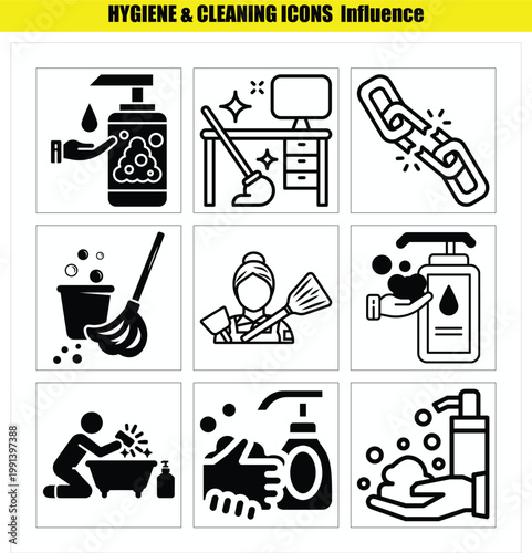 Hygiene and cleaning icons with various household items and actions
