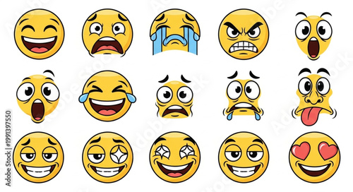 Collection of Diverse Emoji Faces Expressing Various Emotions.
