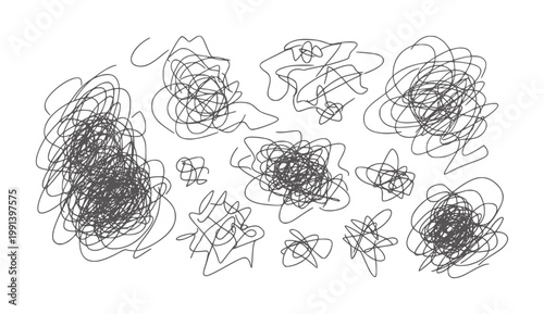 Collection of dark gray scribbled abstract shapes white doodle chaos messy