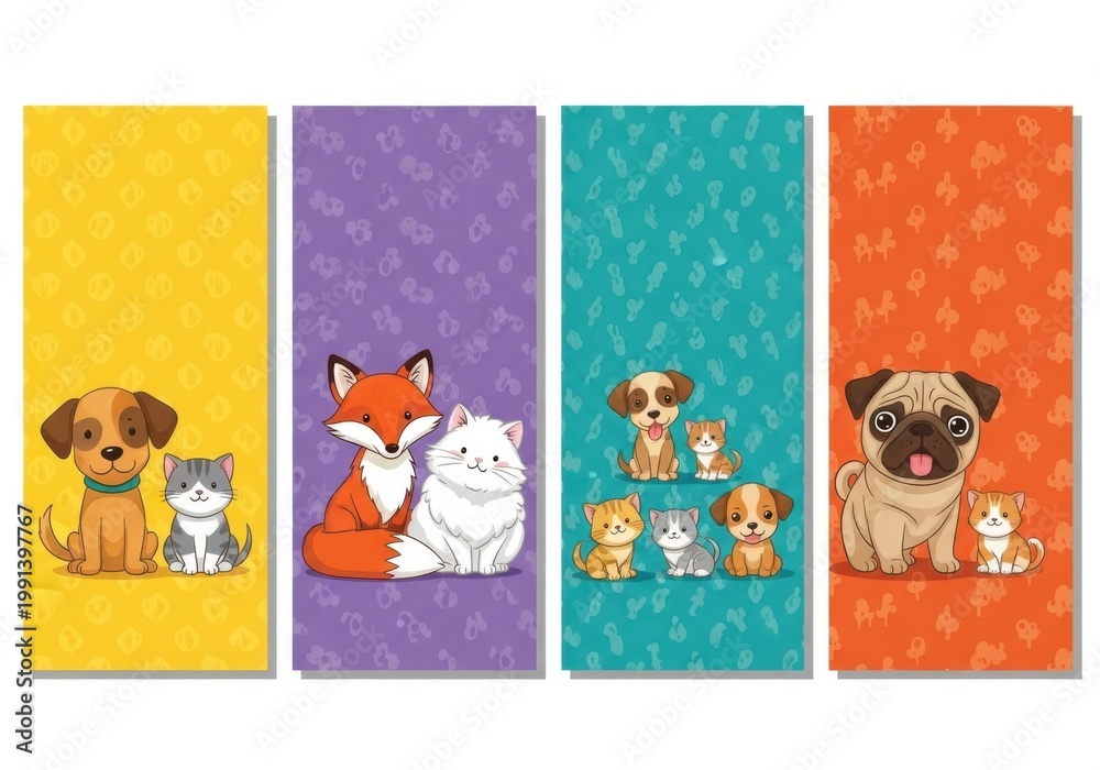Fototapeta premium colorful flat lay pet family illustrations on vibrant gradient backgrounds