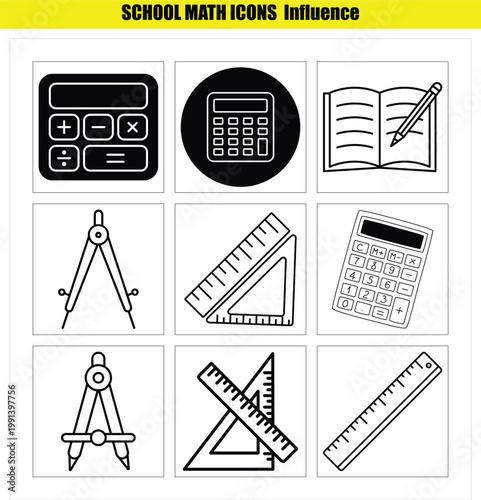 School math icons set with calculator and geometric tools